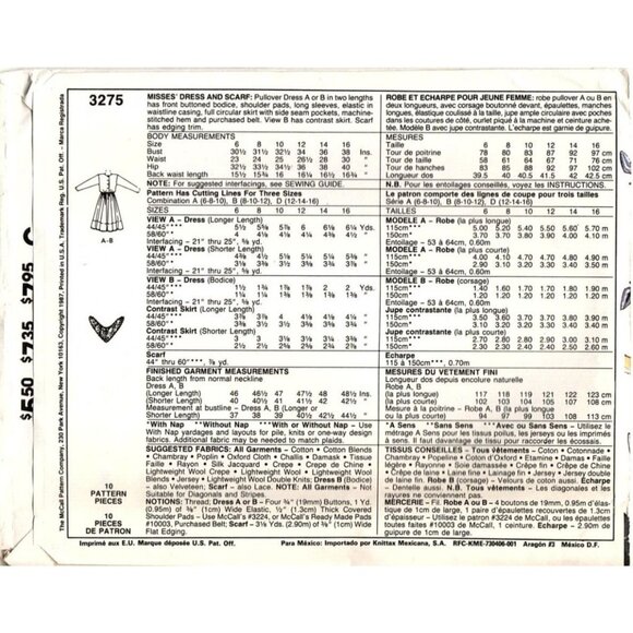 McCall's 3275 Misses 12 to 16 Dress and Scarf Vintage Sewing Pattern New 1987 - Picture 2 of 2